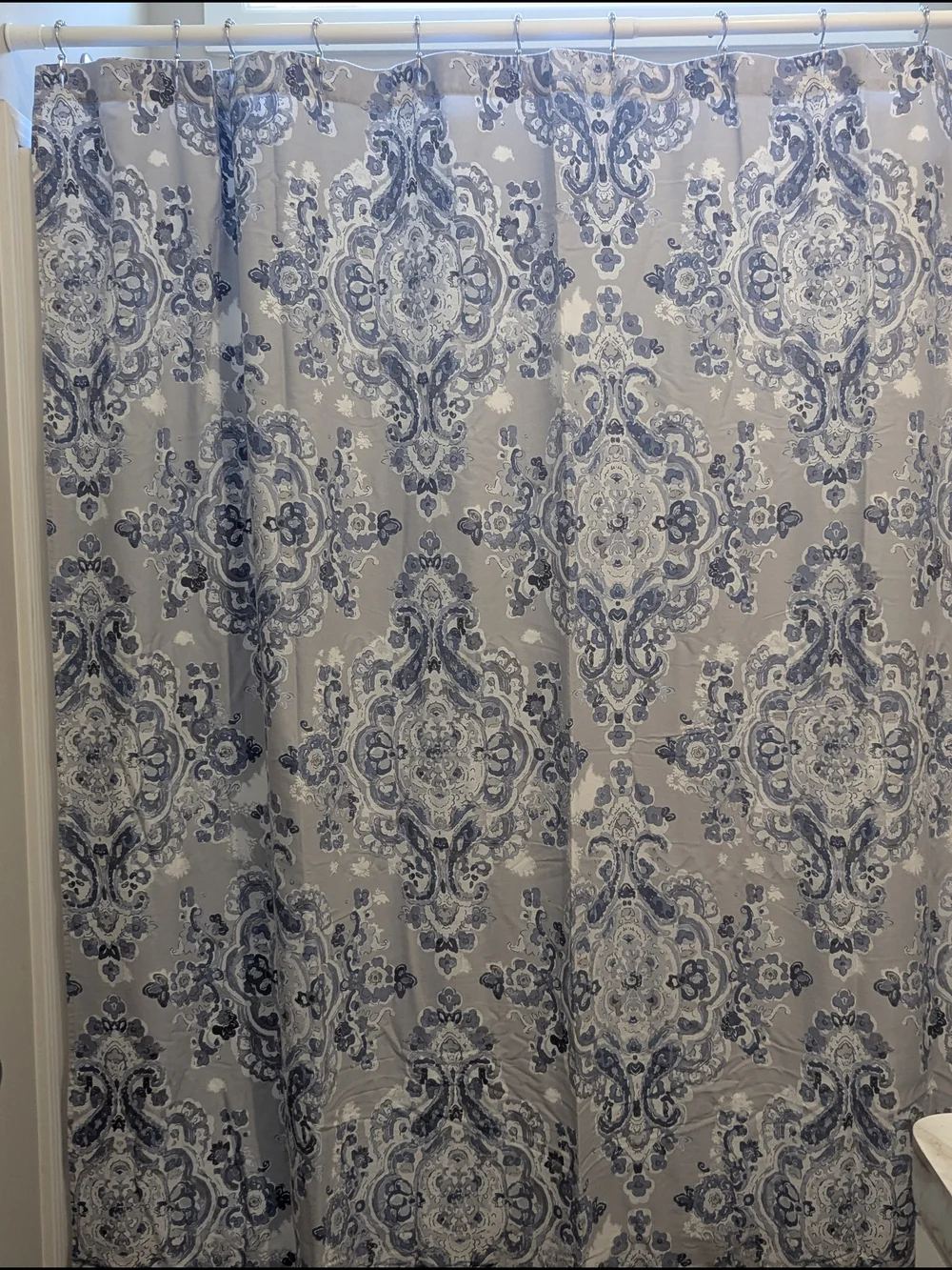 Blue Damask Shower Curtain in Gray and Navy - Classic Bathroom Look